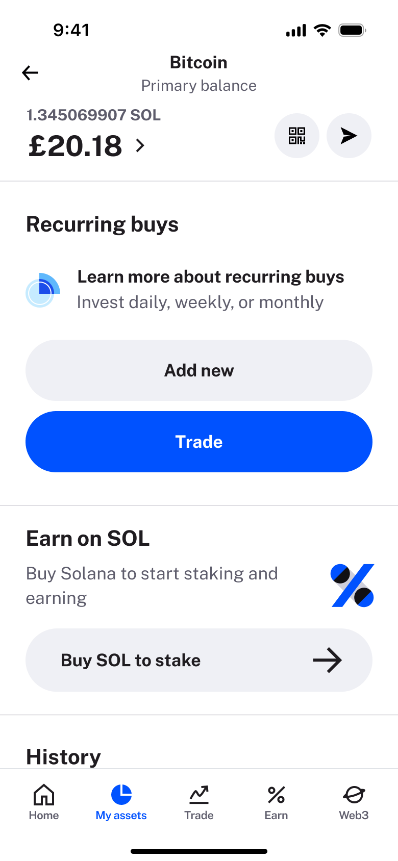 Asset balance with earn card and history.