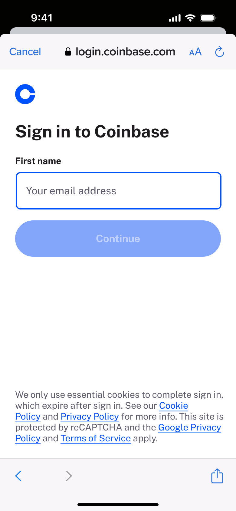 Sign in web view: email field and cookie notice.