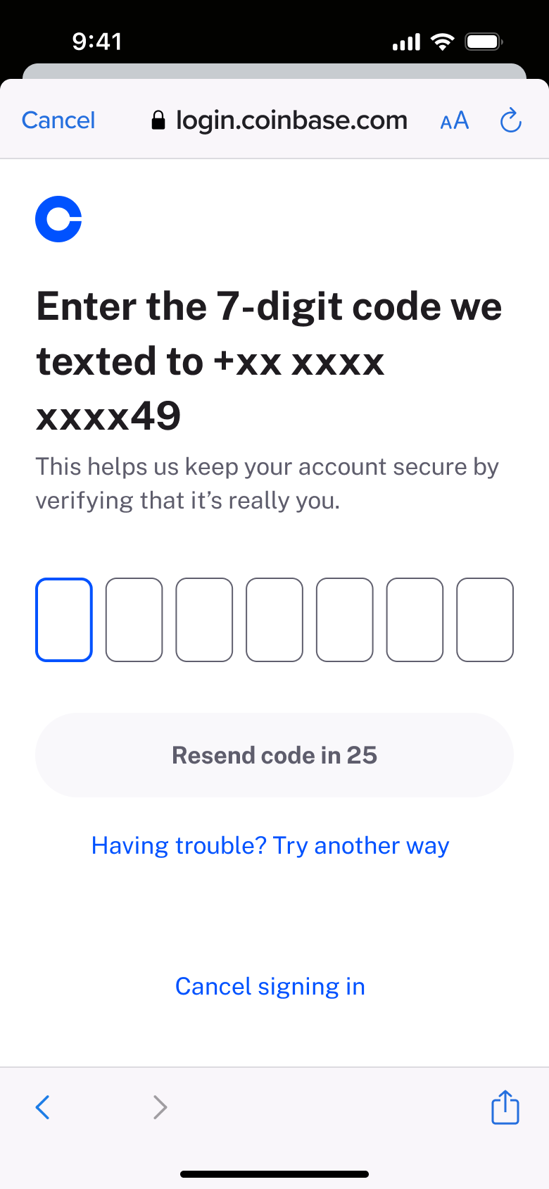 Enter the seven-digit code texted to you in the sign-in web view.