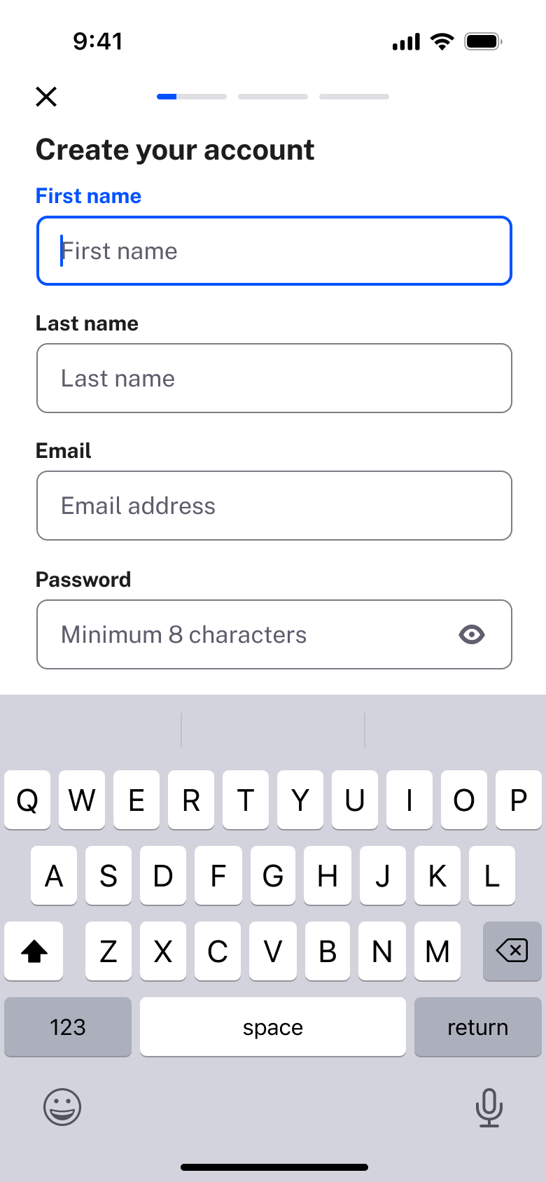 Create your account: names, email and password.