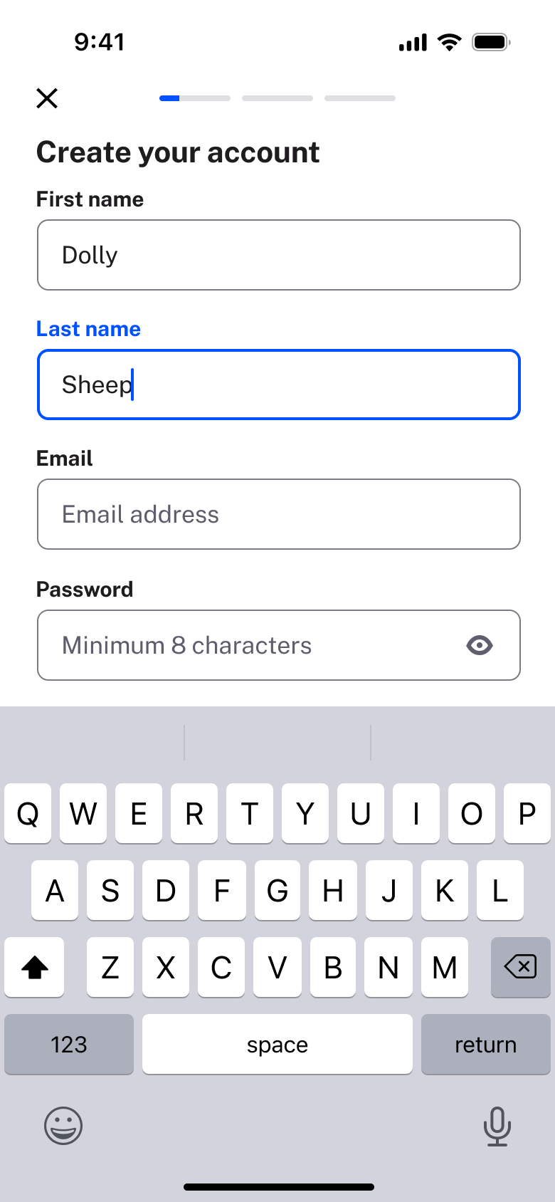 Create account: last name being typed.