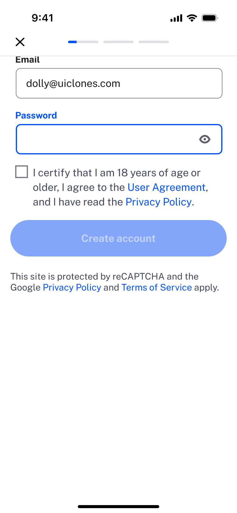 Password field focused with age and terms checkbox.