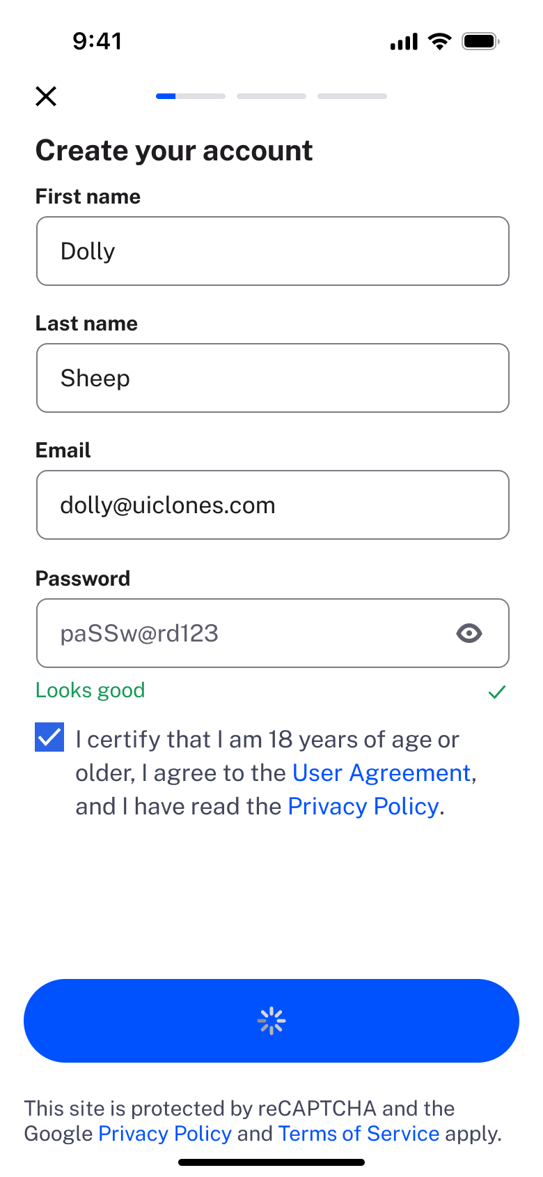 Create account submitting.