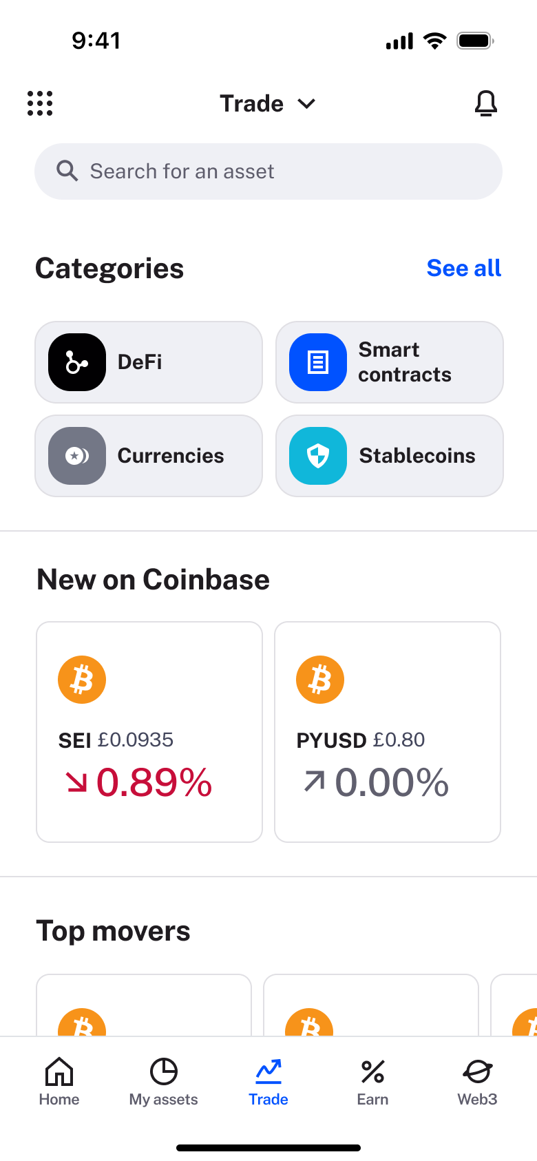 Trade: categories, new listings and top movers.