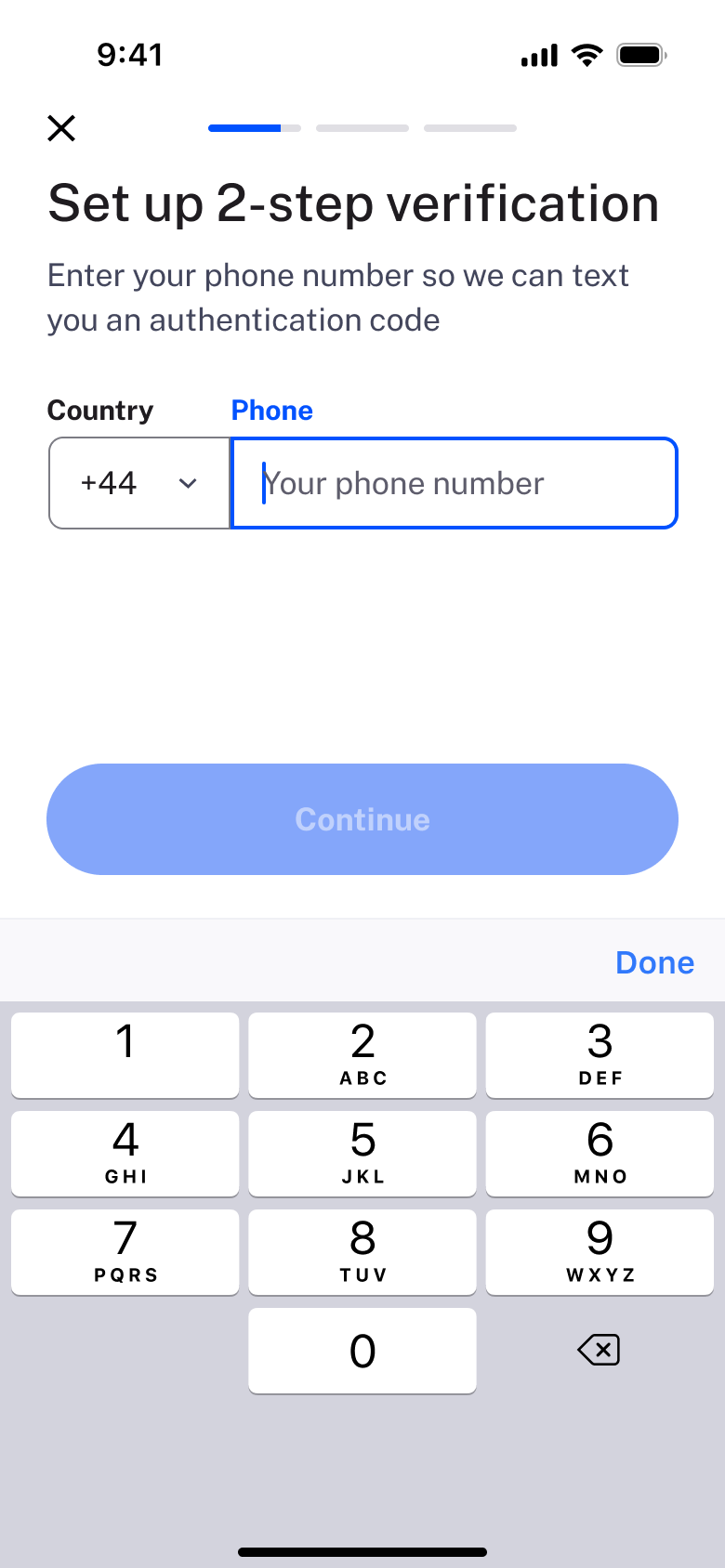 Set up two-step verification: country code and phone number.