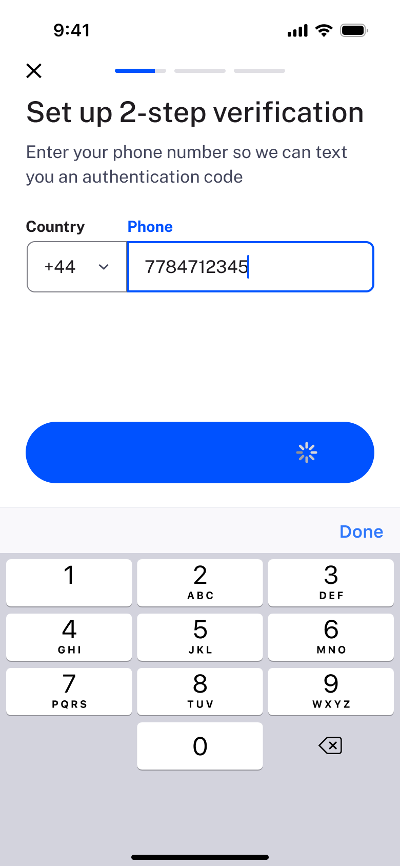 Two-step phone number entered, sending code.