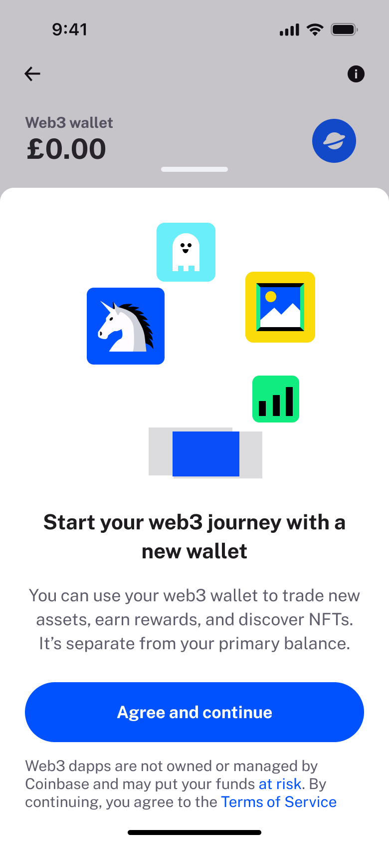 Start your web3 journey with a new wallet: agree and continue.