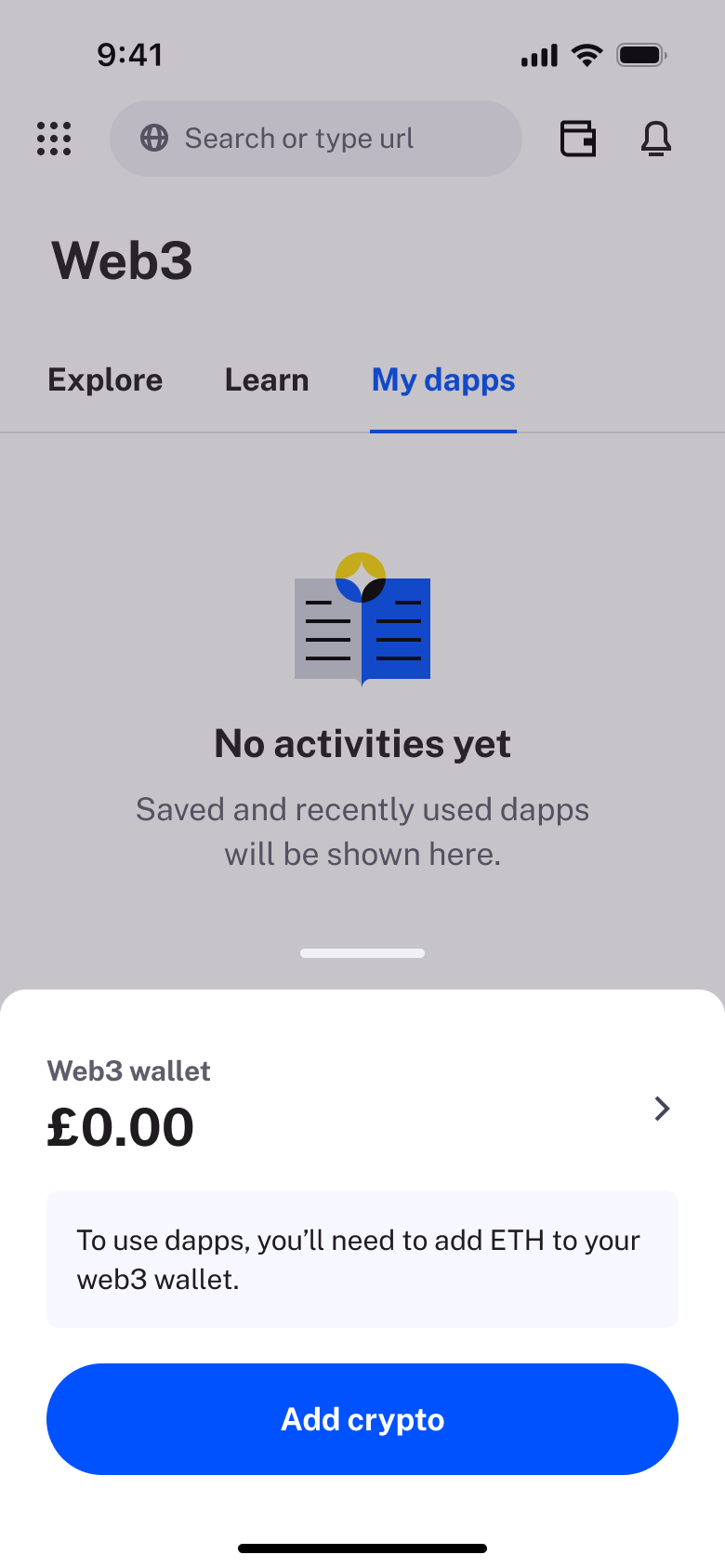 My dapps empty with web3 wallet balance sheet and add crypto.