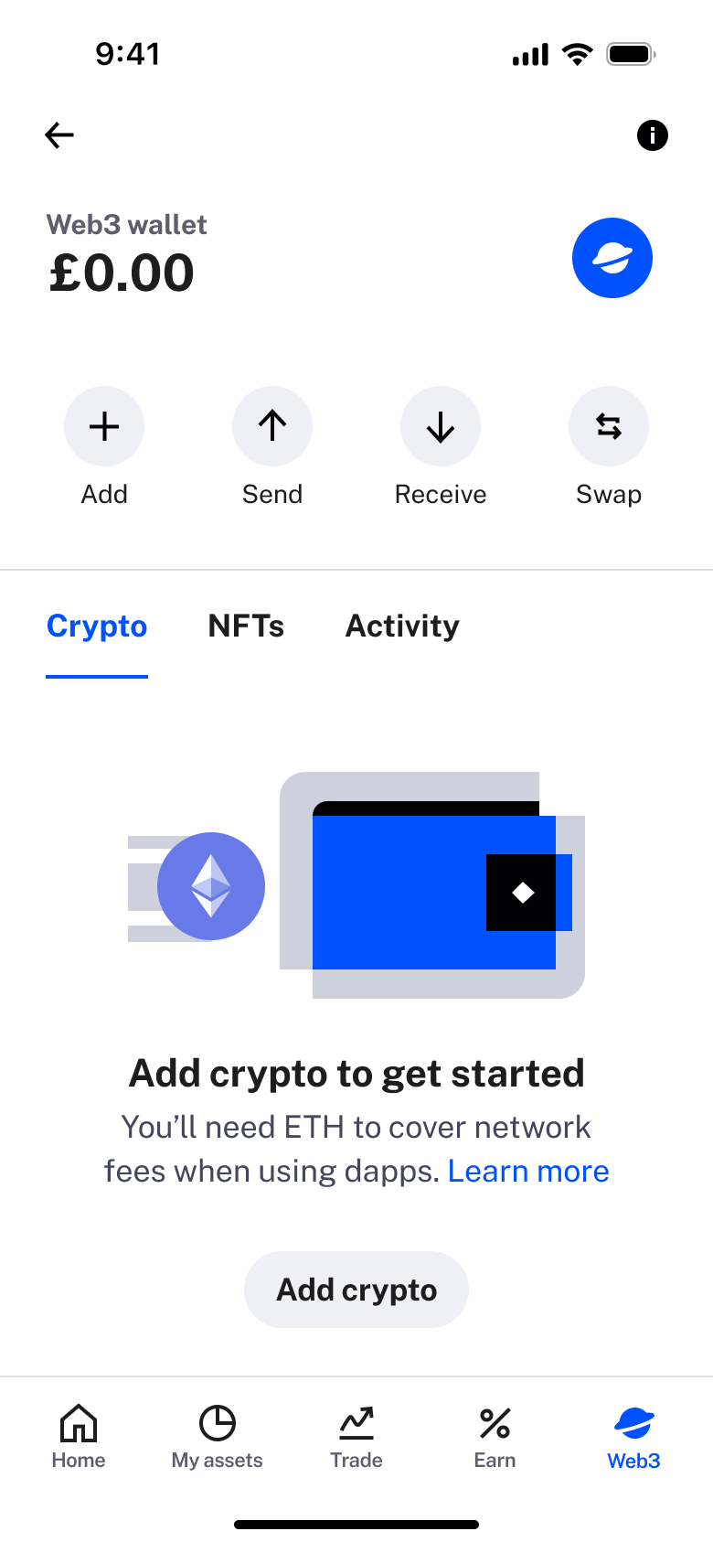 Web3 wallet: add crypto to get started.