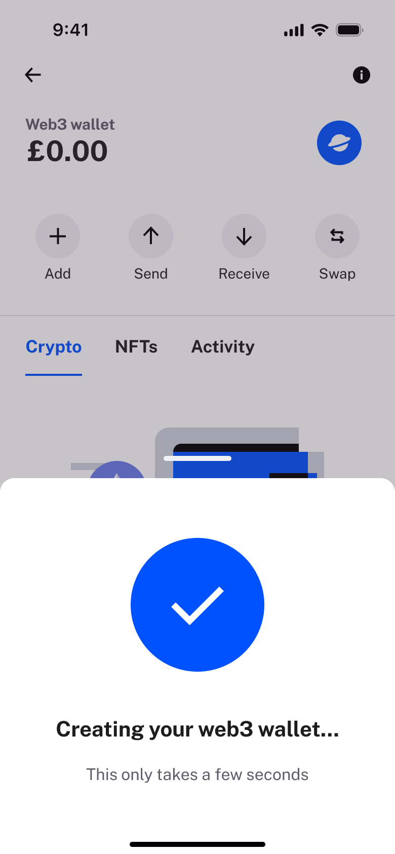 Web3 wallet created confirmation sheet.