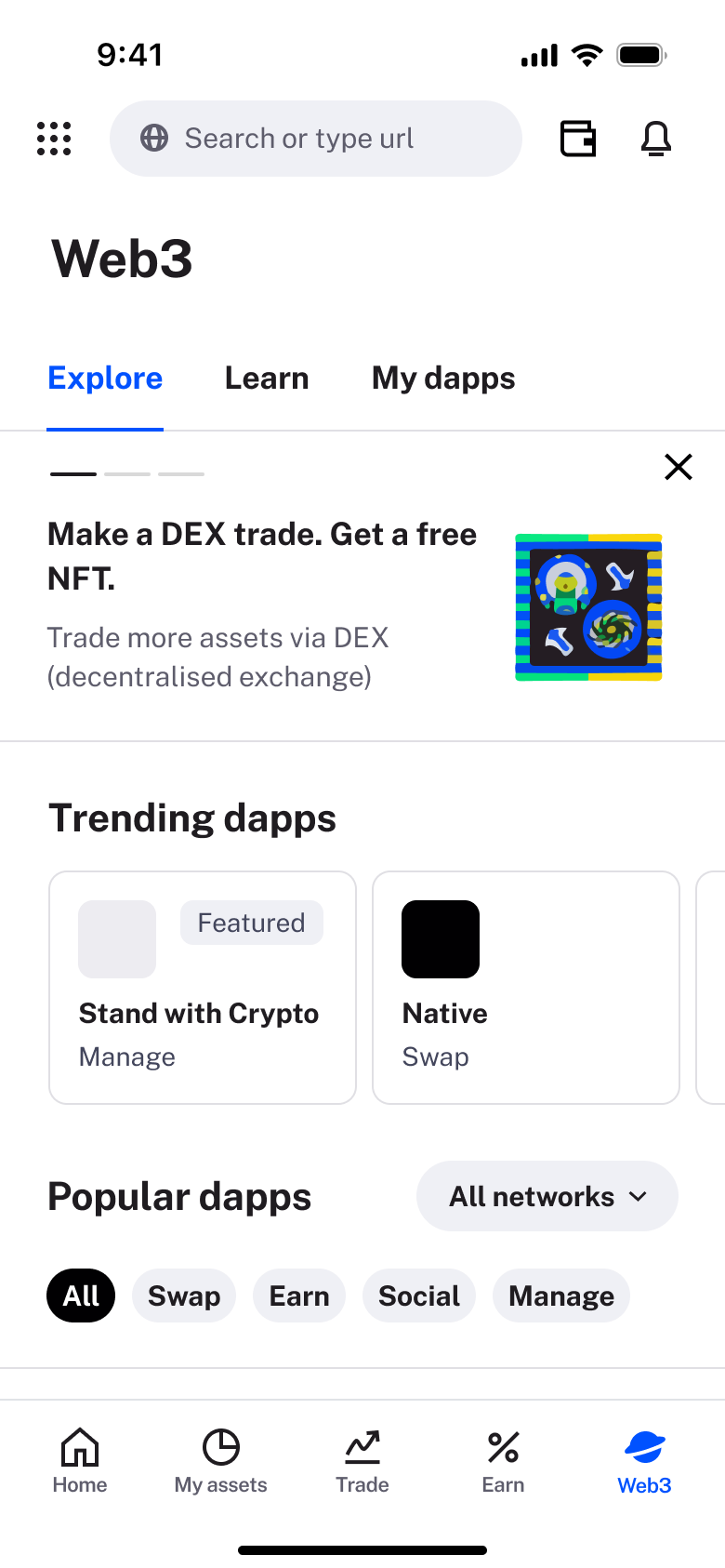 Web3 explore: trade promo, trending and popular dapps with filters.