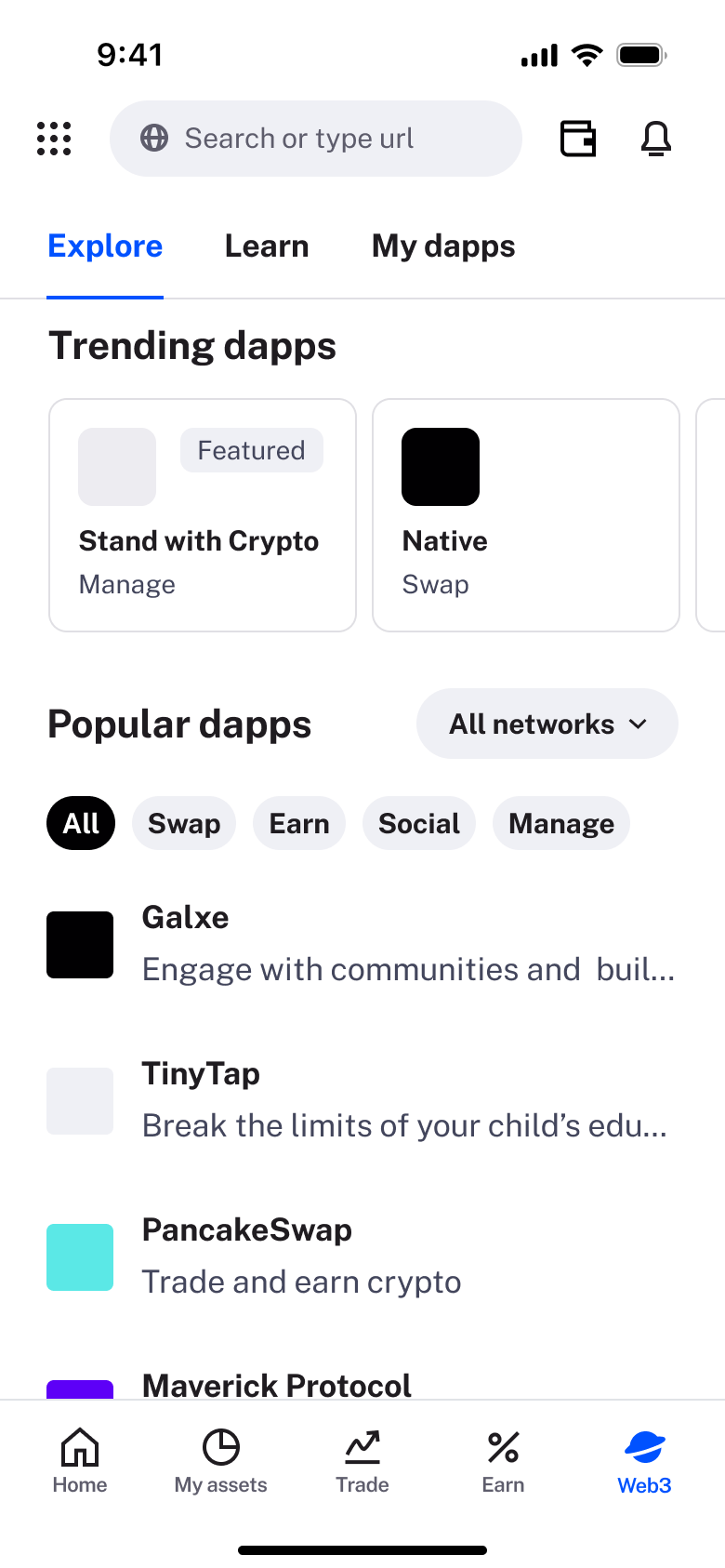 Popular dapps list with category chips.