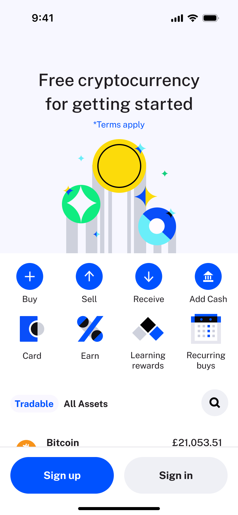 Welcome: free crypto offer, feature icons, tradable assets and sign up or sign in.
