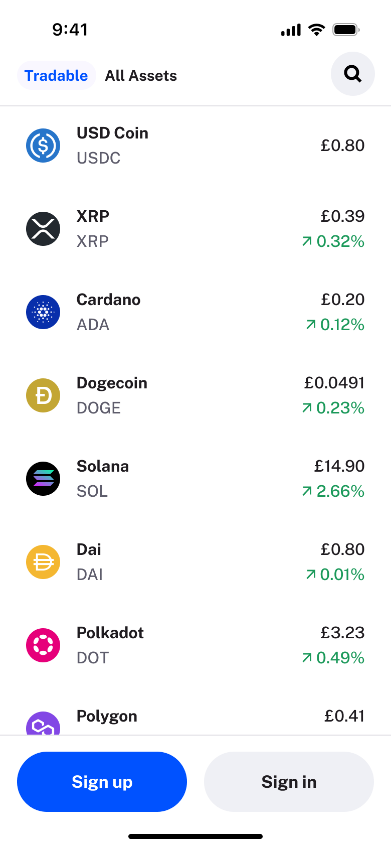 Welcome scrolled to tradable assets list with prices and changes.