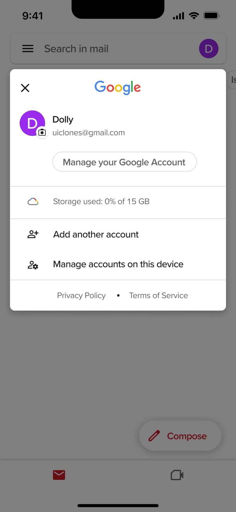 Account menu: manage account, add account and manage accounts.
