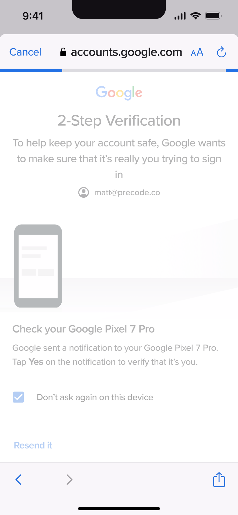 Two-step verification waiting for approval.
