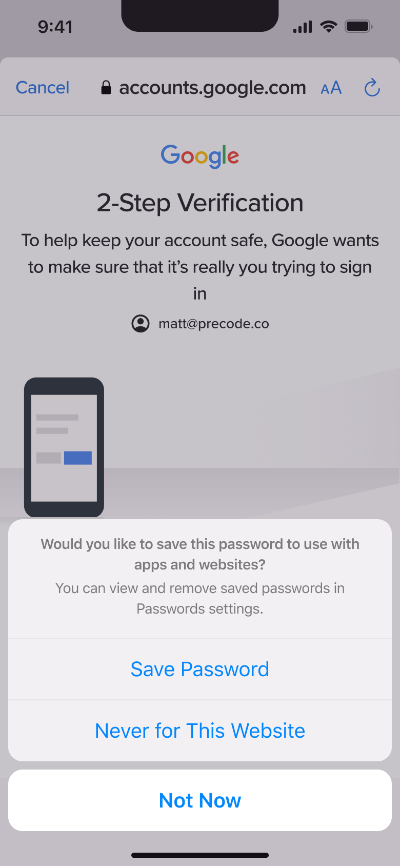 Save password sheet: save, never or not now.