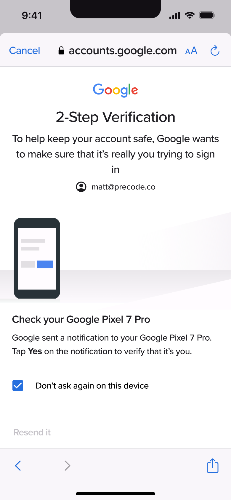 Two-step verification: check your phone for a notification.