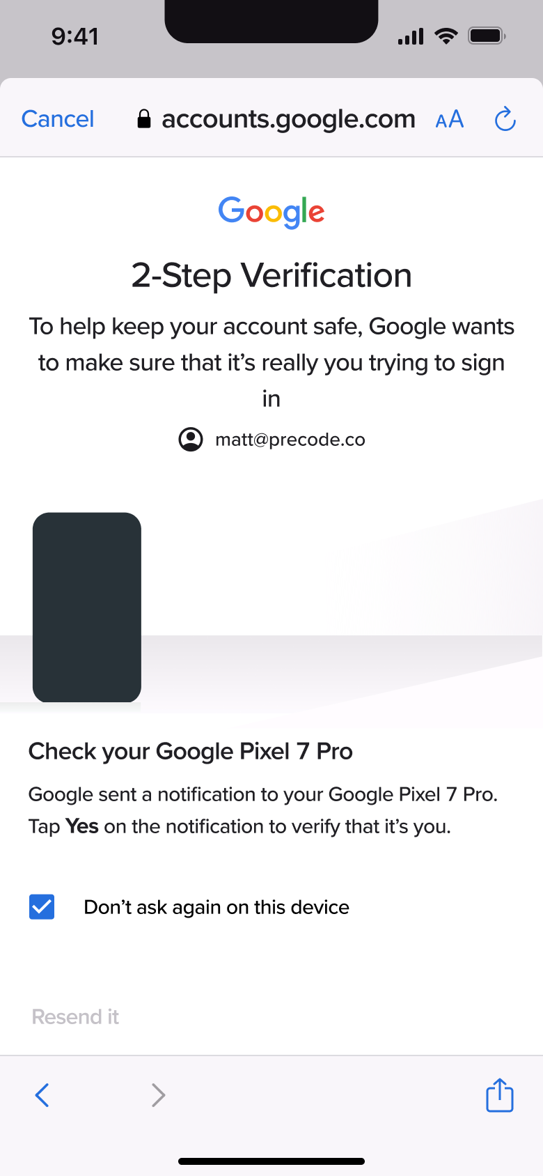 Two-step verification with don't ask again ticked.