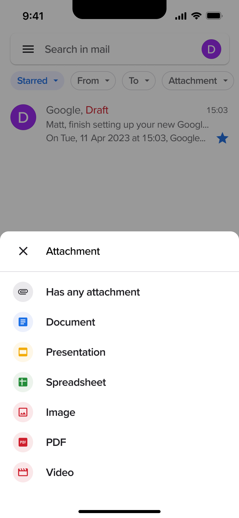 Attachment filter sheet: document, presentation, image, PDF, video.
