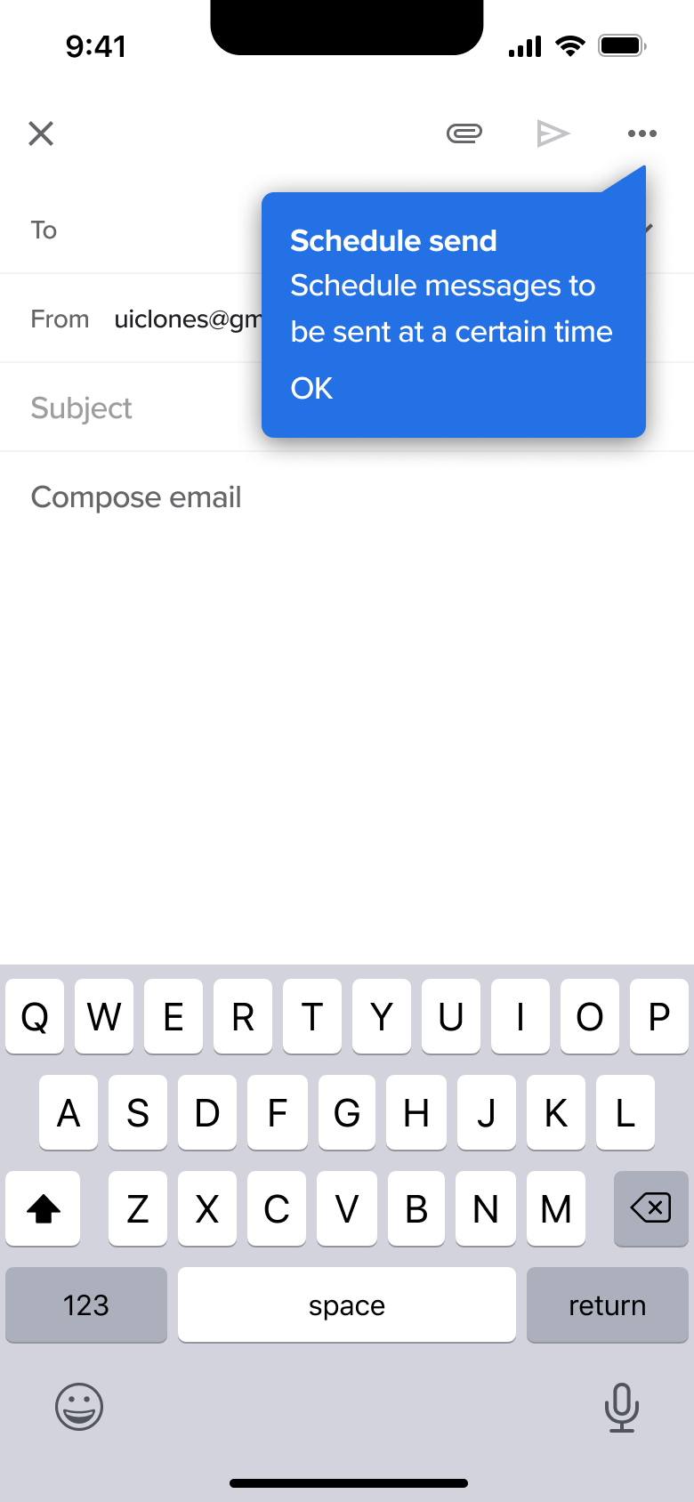 Compose email with schedule send tooltip.