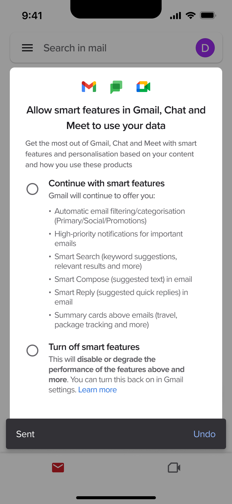 Allow smart features in mail, chat and meet: continue or turn off.