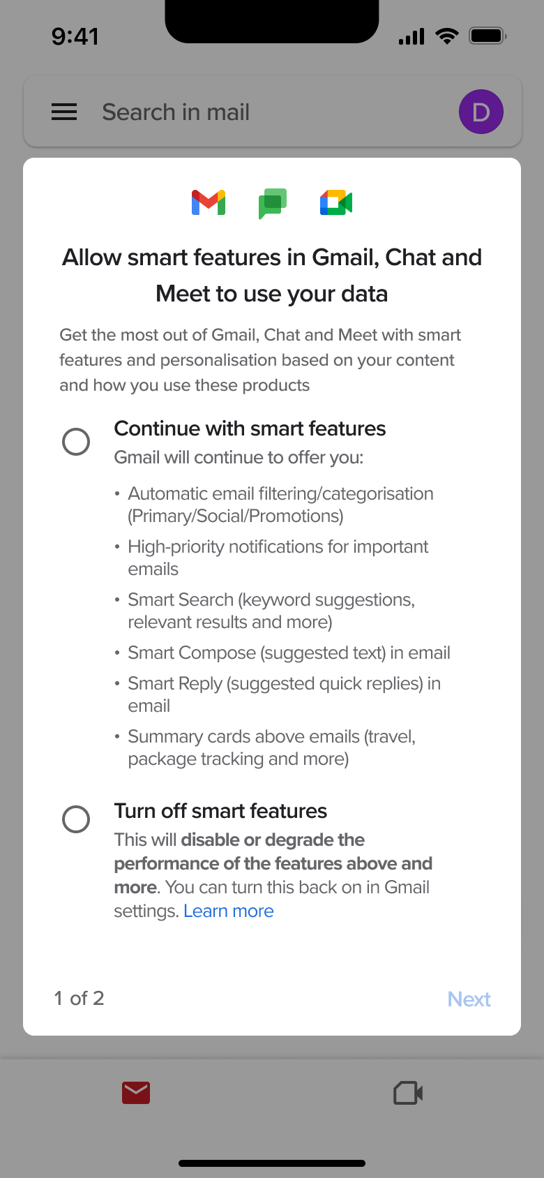 Smart features dialog step one of two.