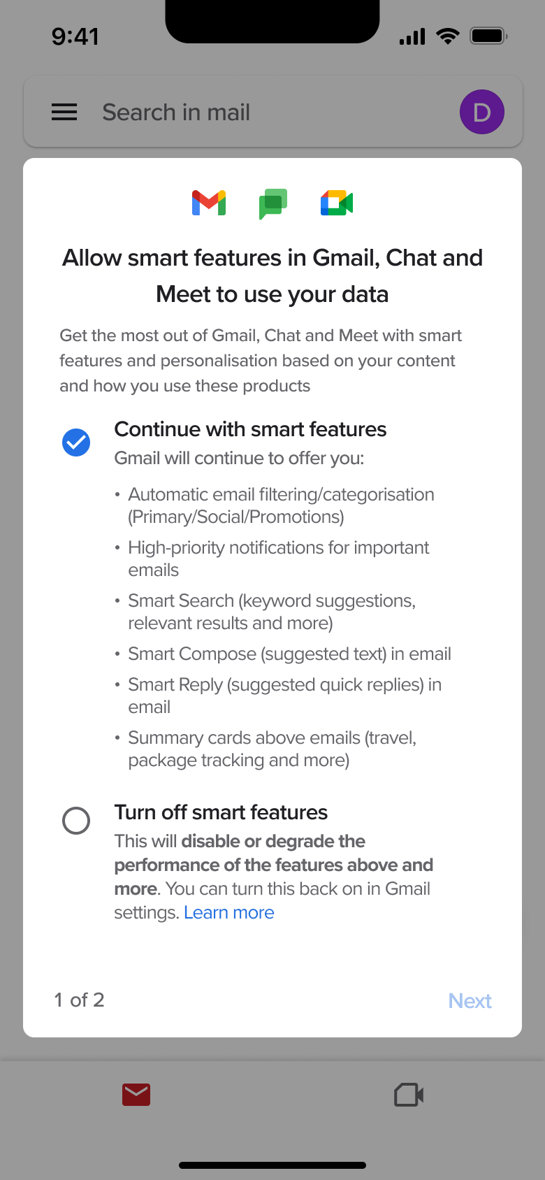 Smart features: continue selected.