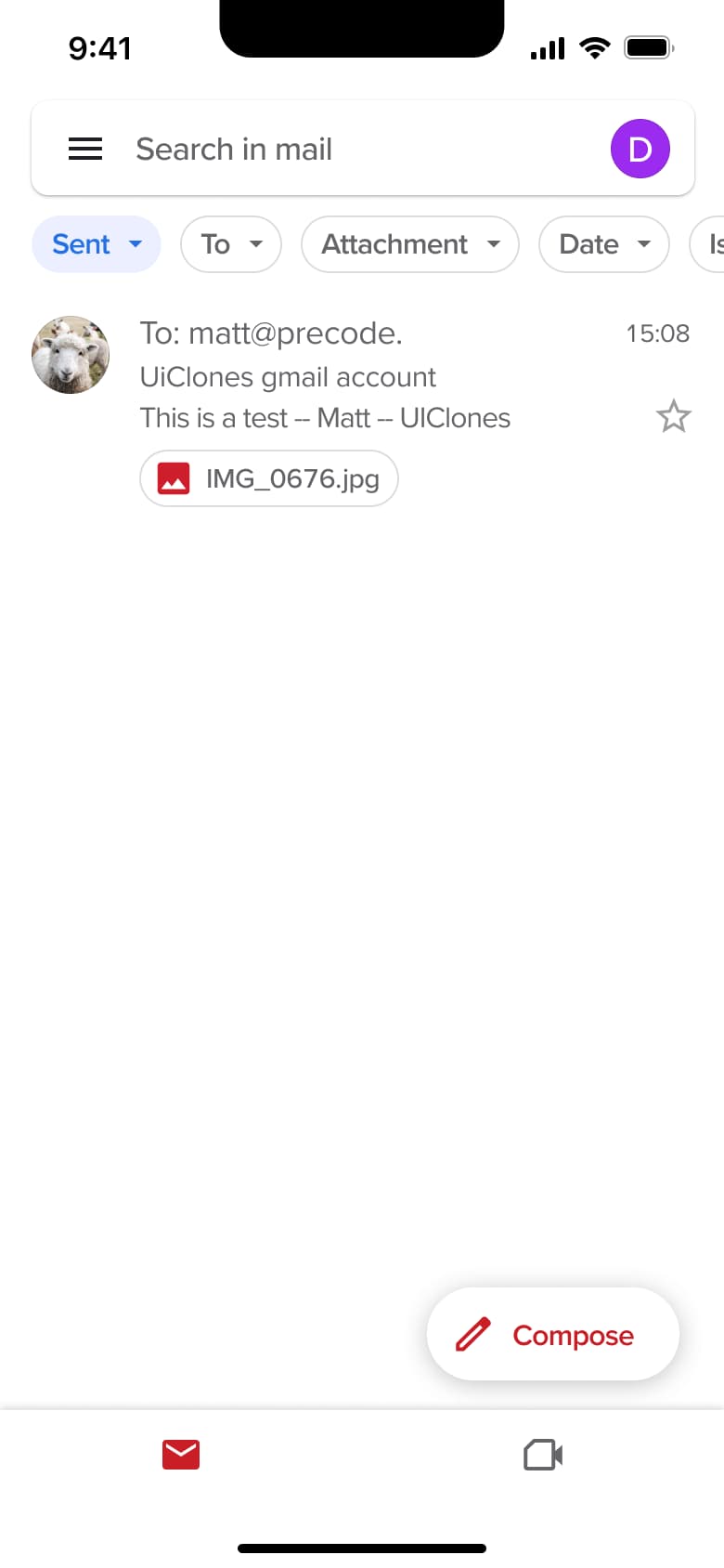 Sent folder with the sent email and attachment chip.