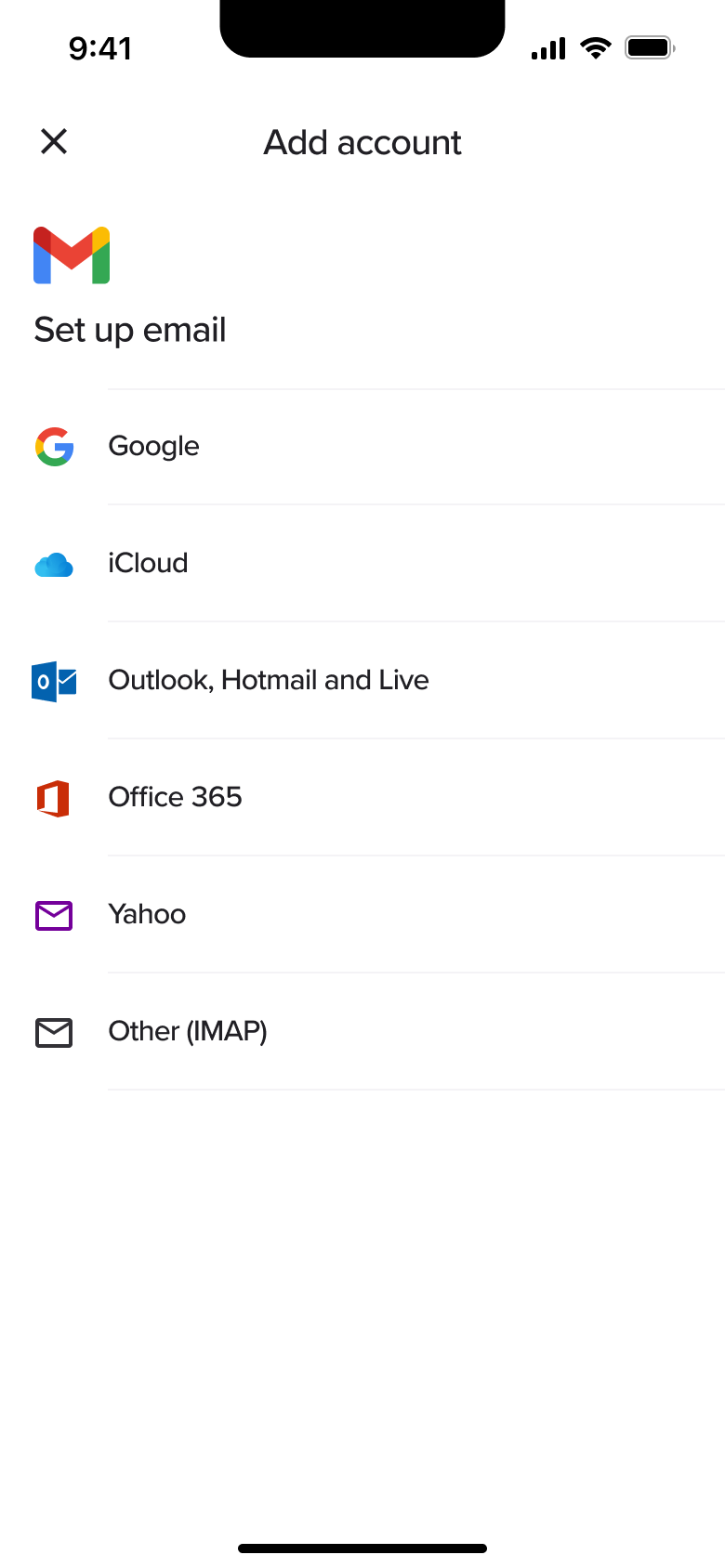 Add account: set up email with provider options.