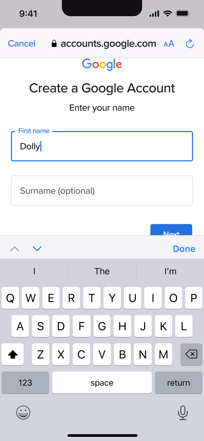 First name typed.