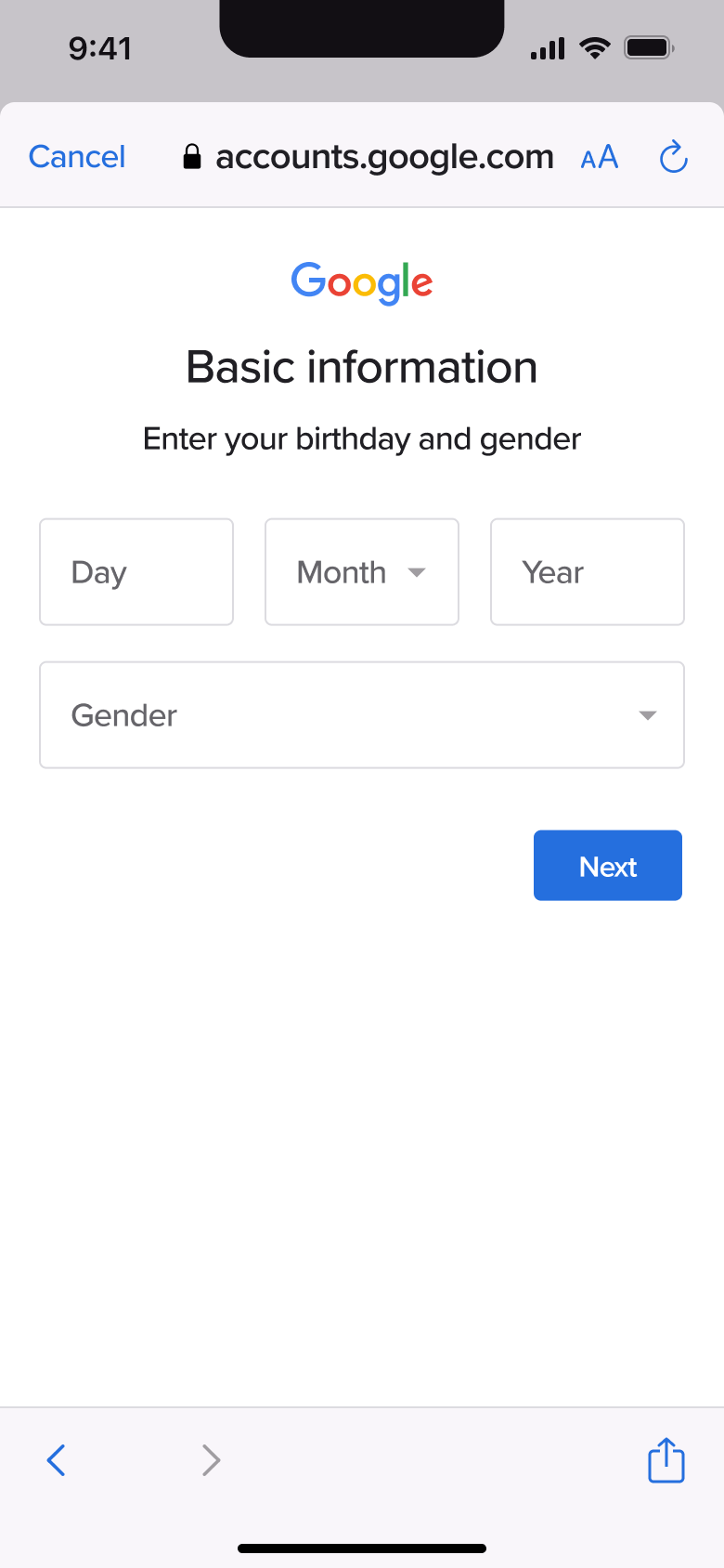 Basic information: birthday and gender.