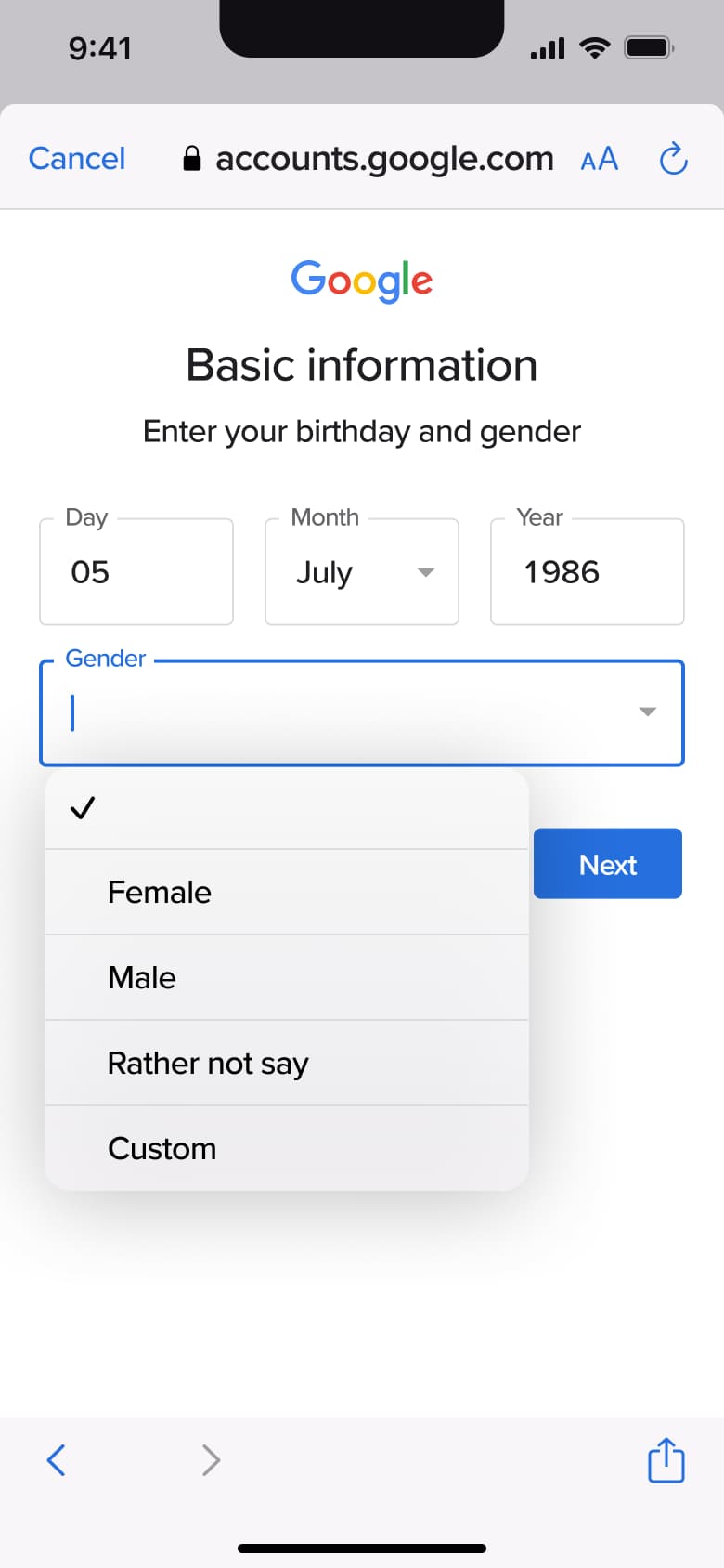 Gender dropdown: female, male, rather not say, custom.