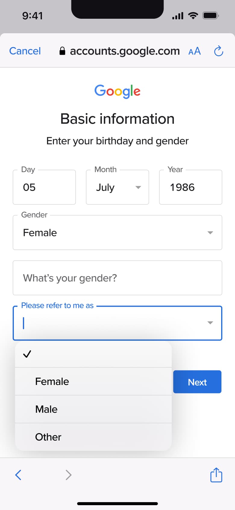 Pronoun dropdown menu.