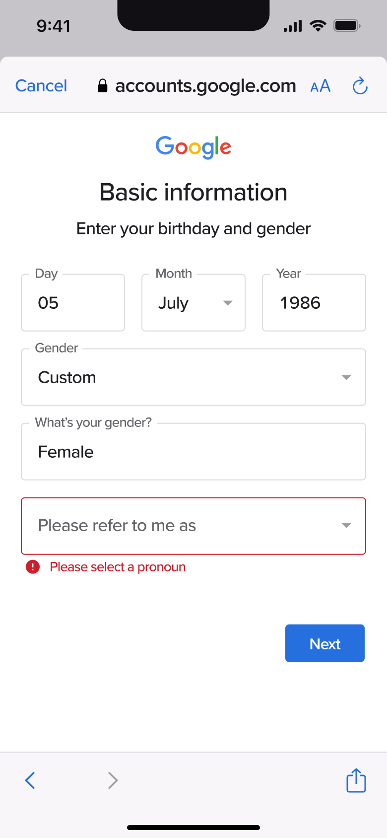Please select a pronoun error.