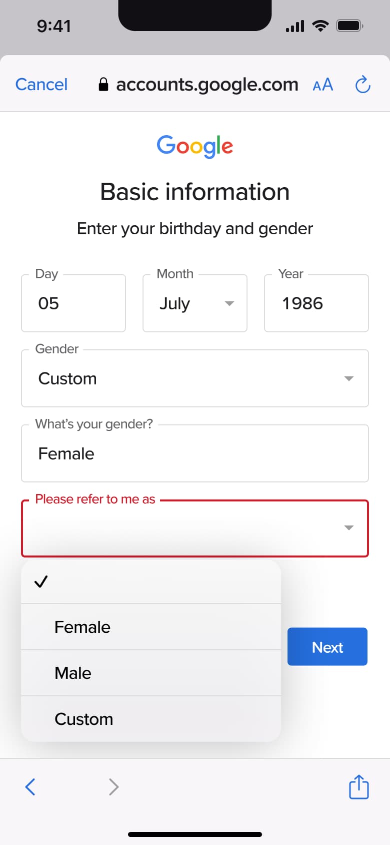 Pronoun dropdown open with error.