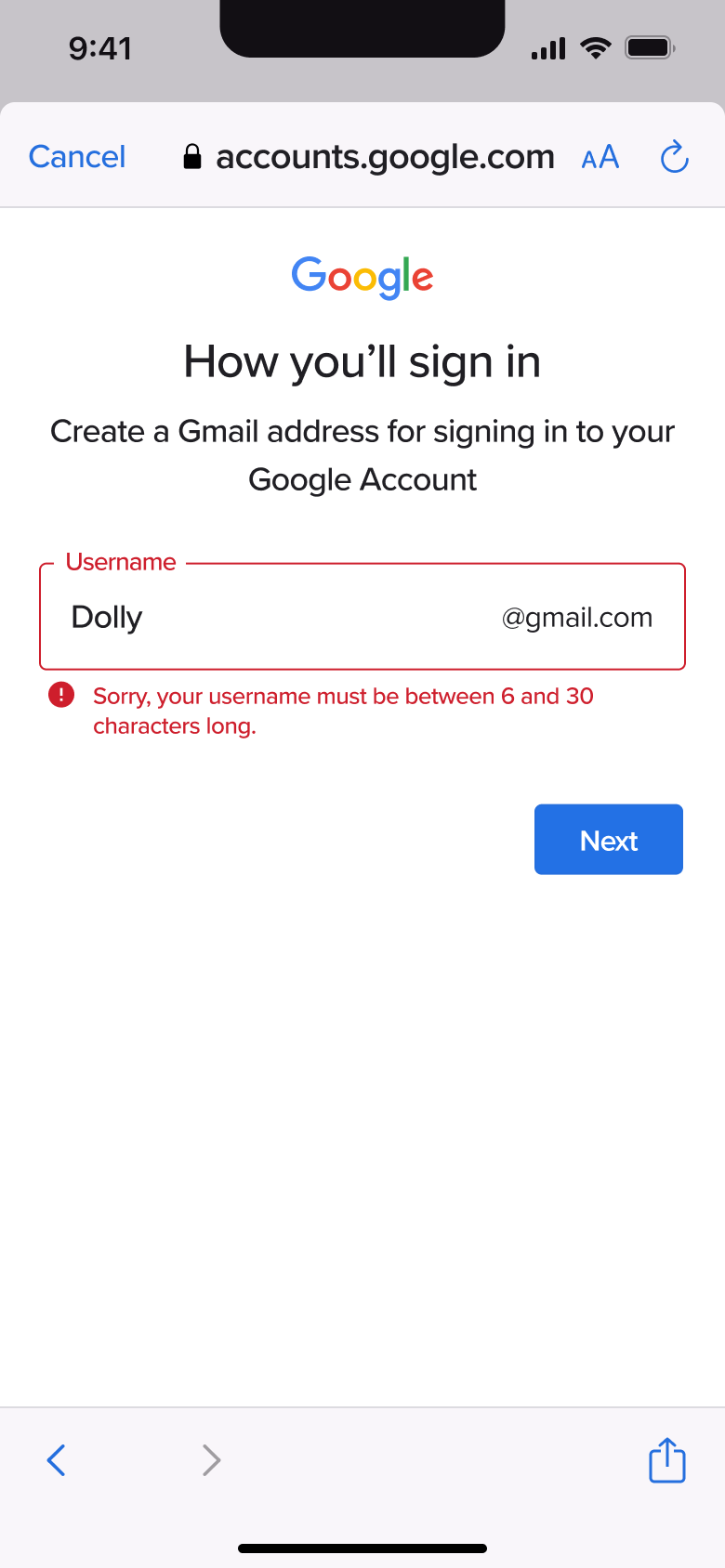 Username too short error.