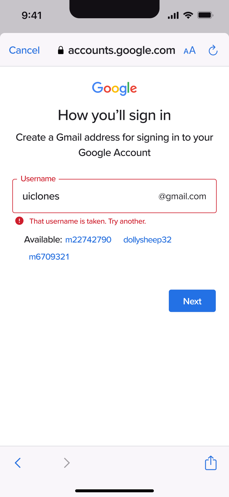Username taken error with suggestions.