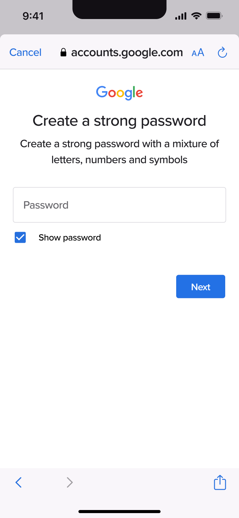 Create a strong password with show password.