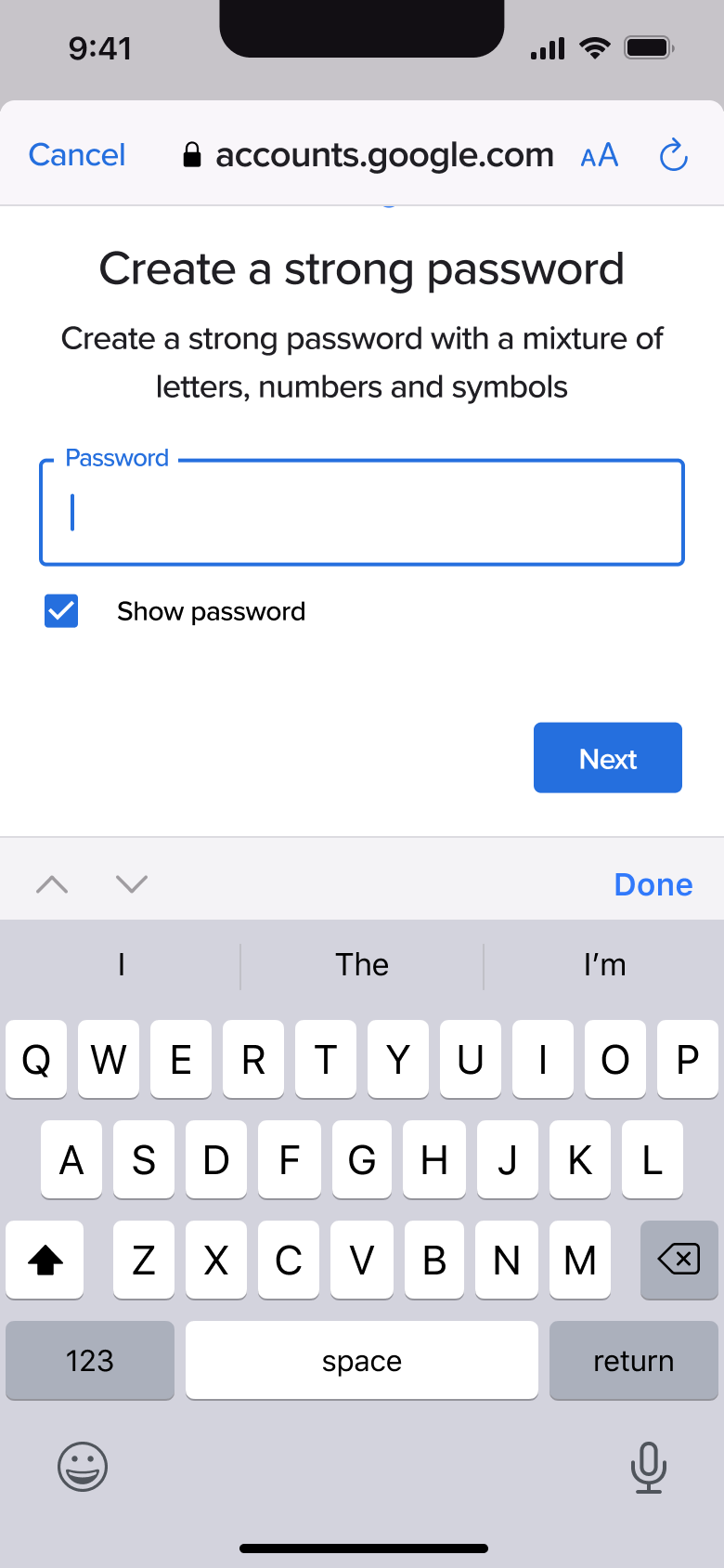 Password field focused with show password ticked.