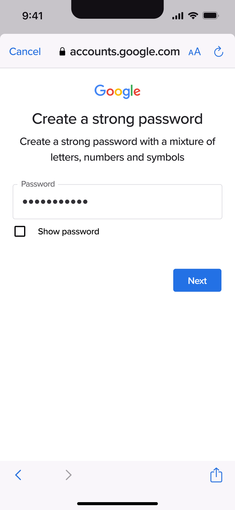 Password hidden with next.