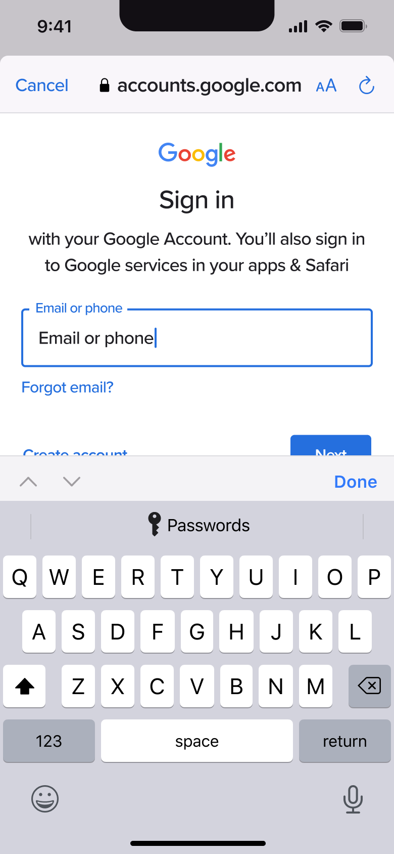 Sign in email field focused with passwords bar.