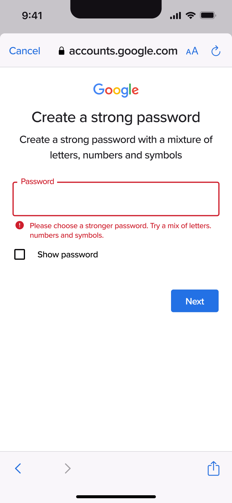 Please choose a stronger password error.