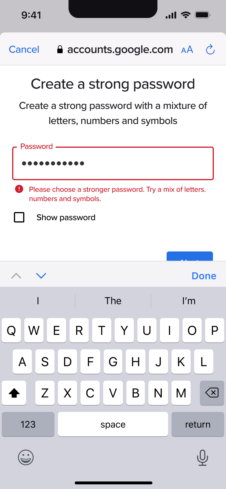 Weak password typed with error.
