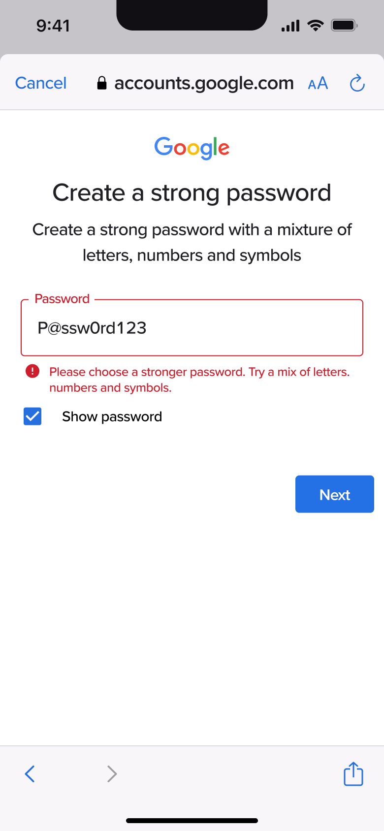 Password shown, still too weak.