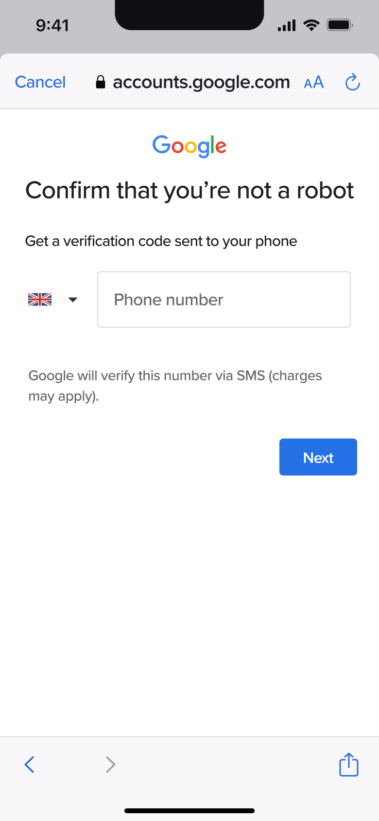 Confirm that you're not a robot: phone number for code.
