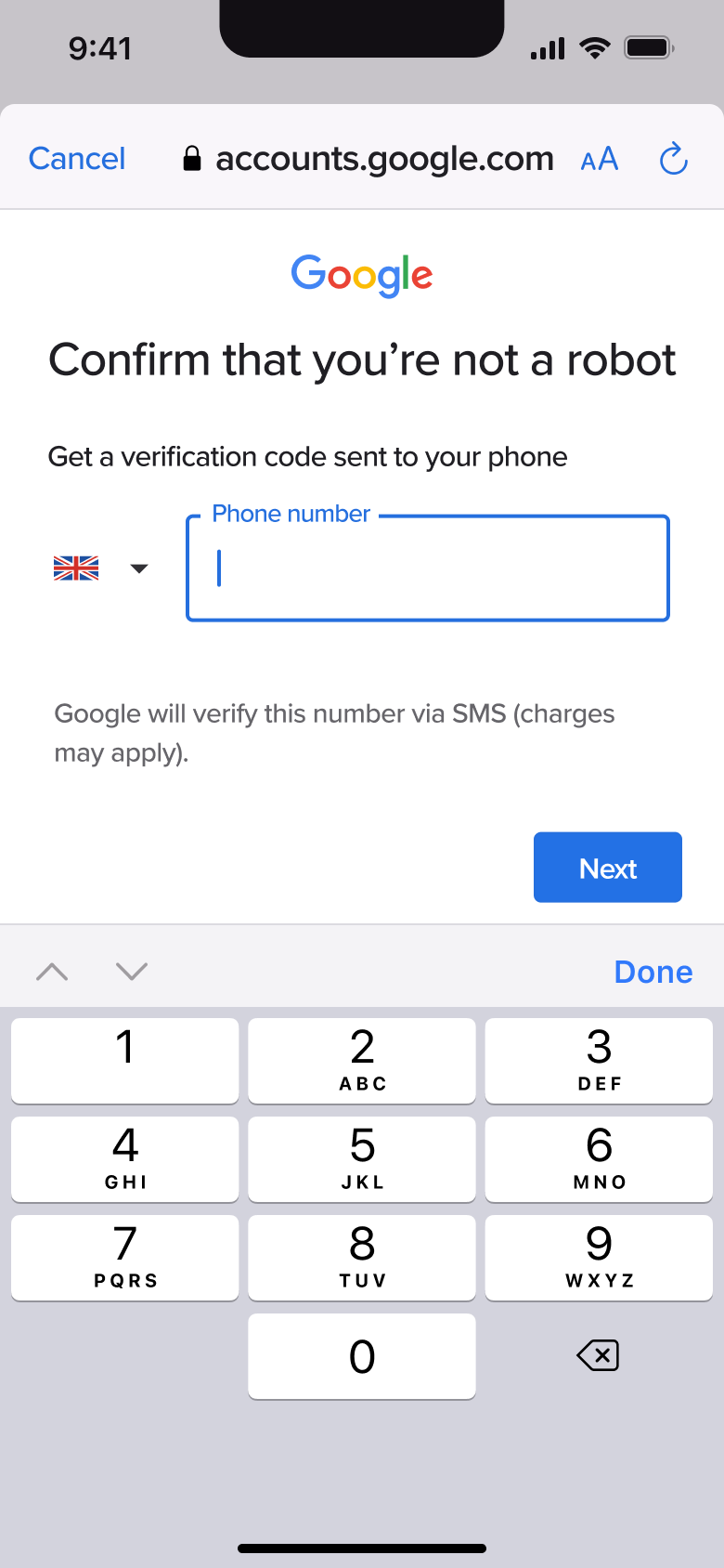 Phone number field focused.