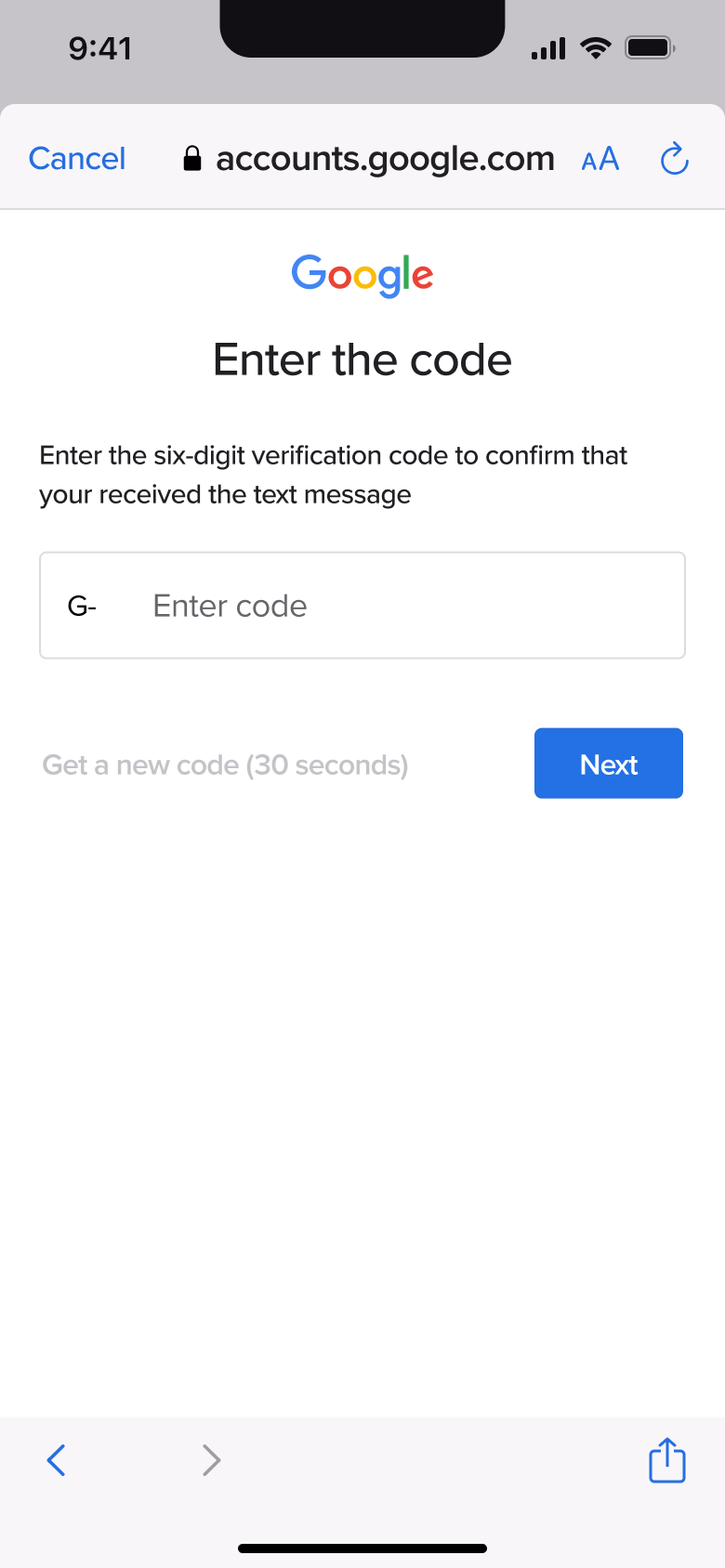 Enter the six-digit code with resend countdown.