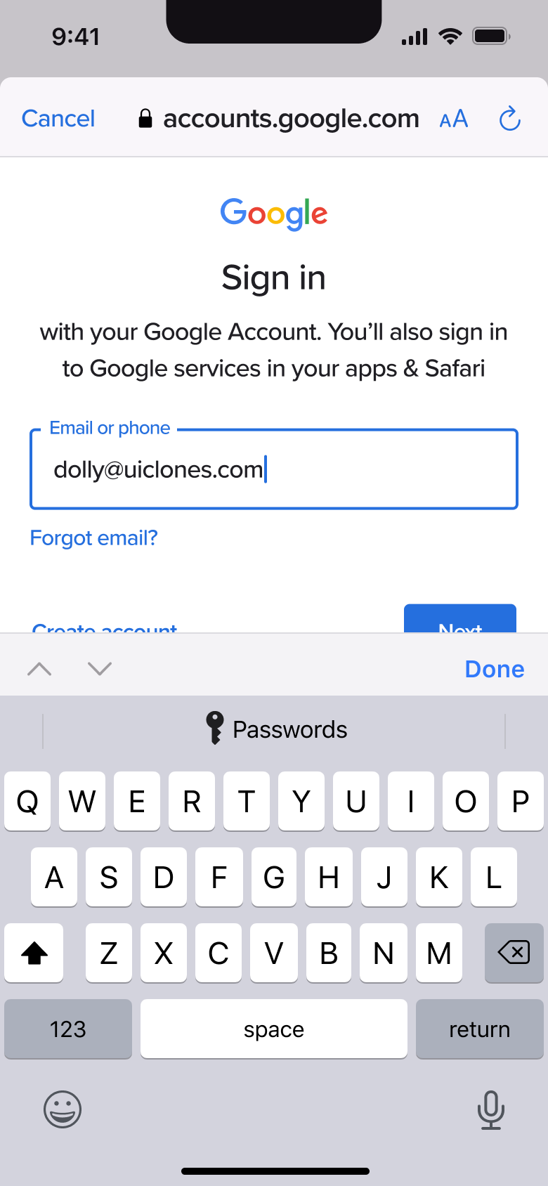Sign in with email typed.