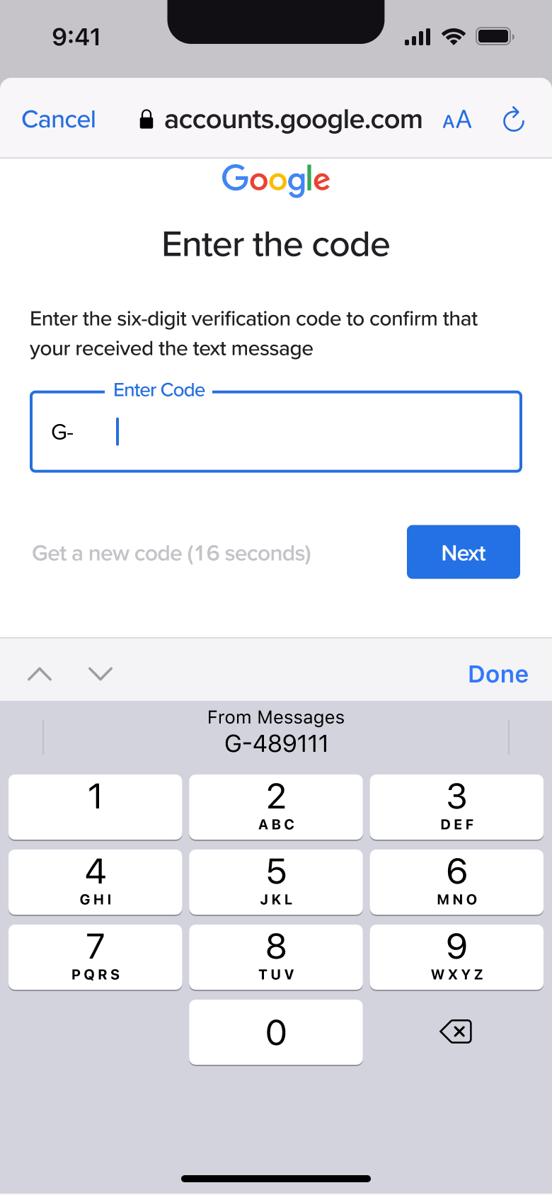 Code field focused with SMS autofill suggestion.